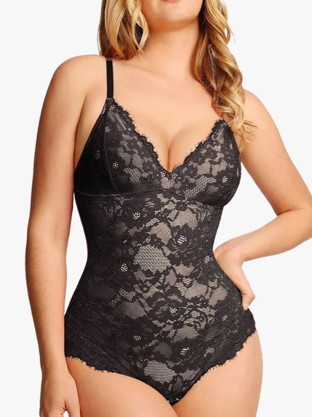 POPILUSH Shapewear Firm Control Smoothing Full Lace Thong Bodysuit - Black - XXL